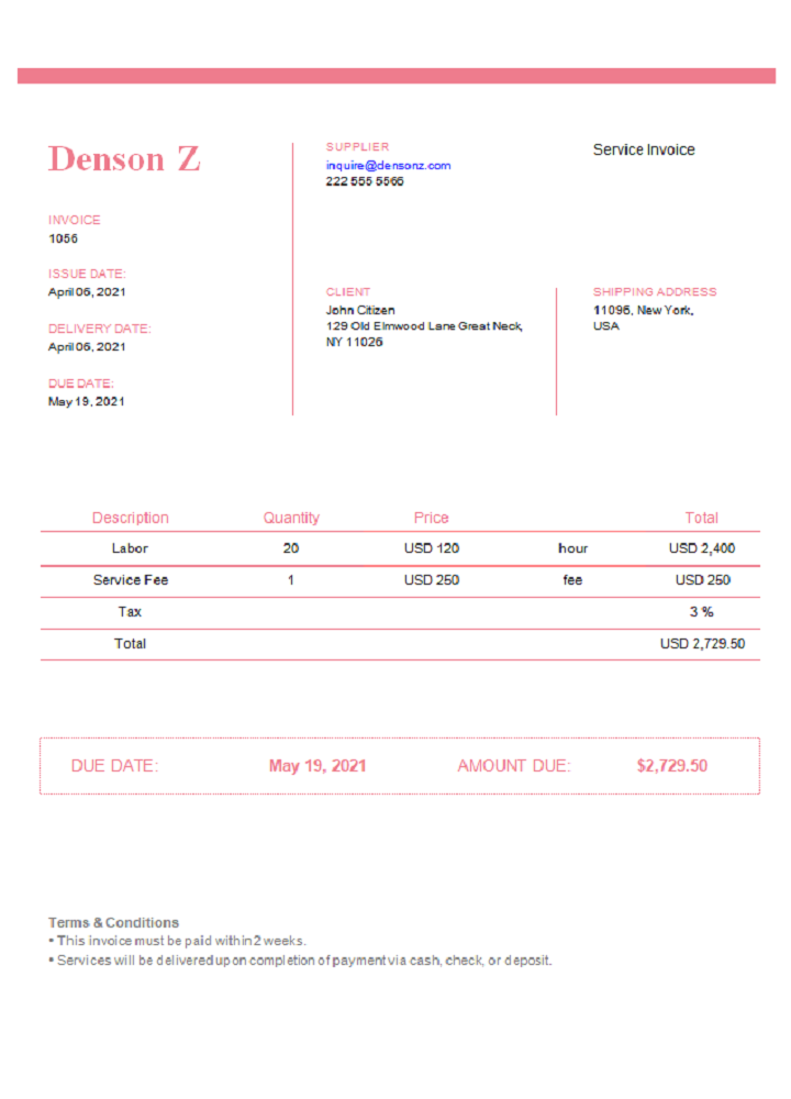 USA Denson Z invoice PSD template